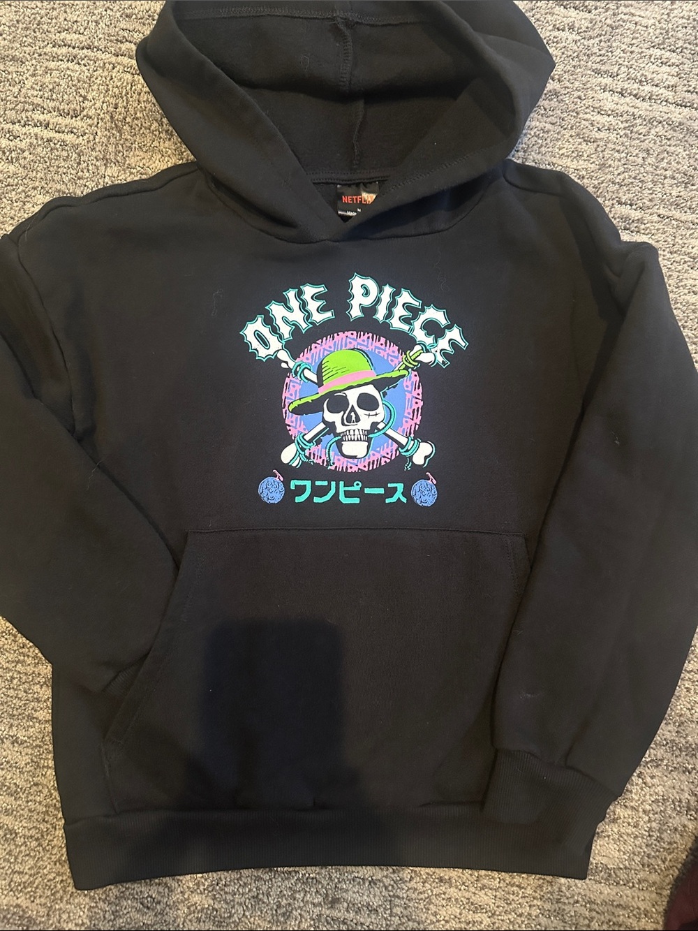 Onepiece Kids Black Hoodie with Neon Skull Graphic